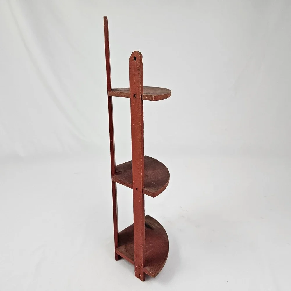 Vintage Corner Shelf 3 Tier What Not Display Wall or Counter Wooden Red Art Deco